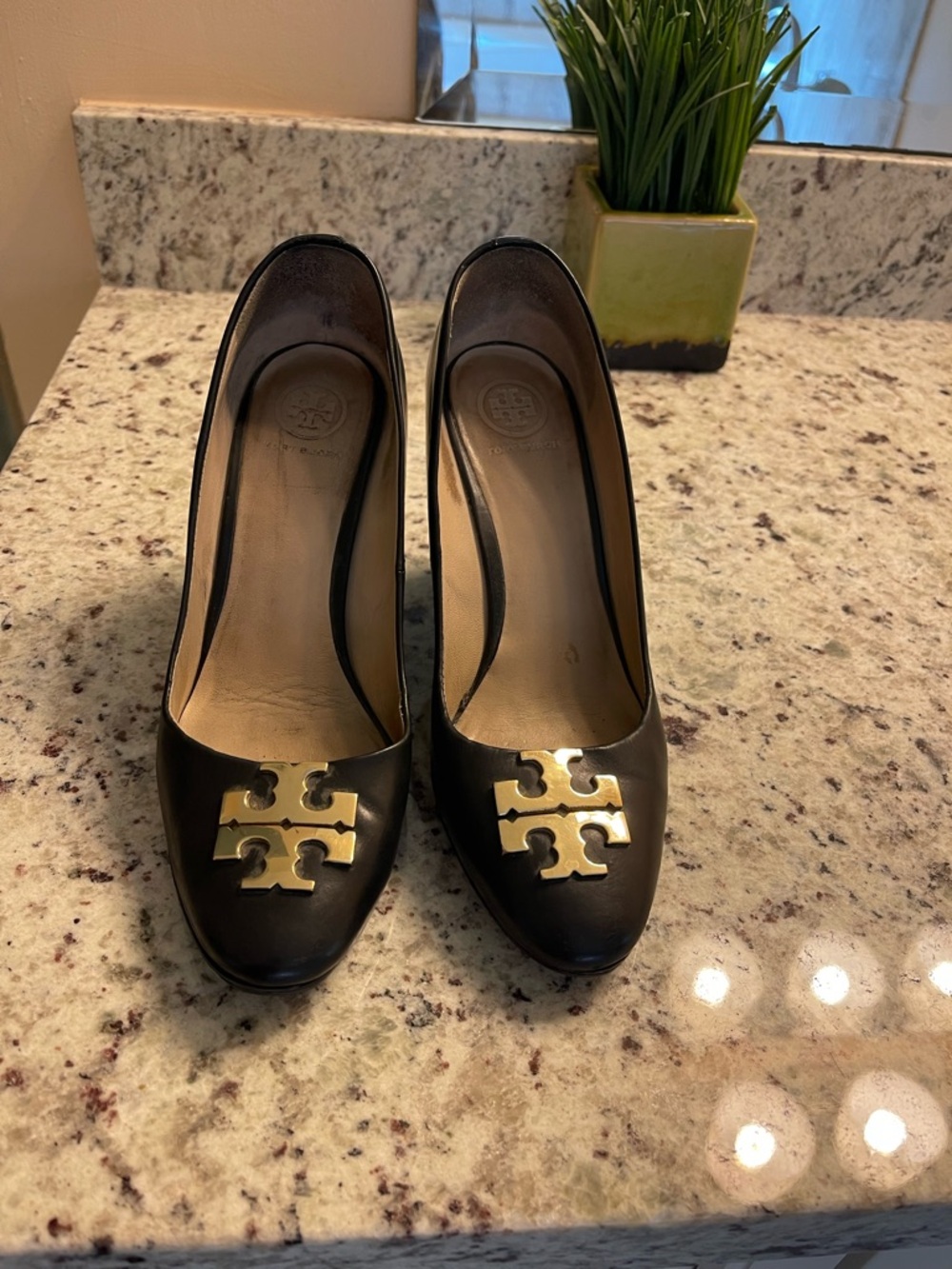 Tory Burch Black Leather Wedge Pumps with Gold Logo Plaque